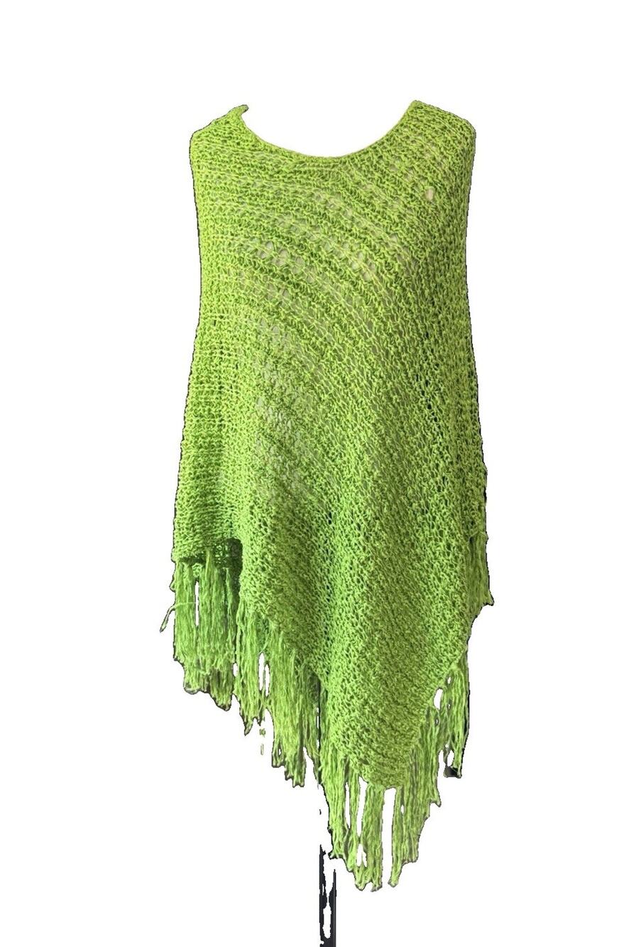 Chicos Womens One Size Green Knit Open Front Fringe Poncho Cape Asymmetrical